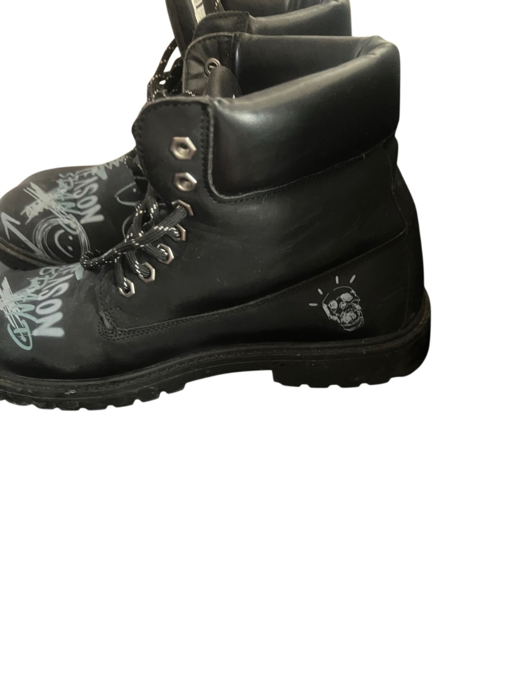 Reason Black Lace-Up Ankle Boots with White Graphic Skull and Teal Accents